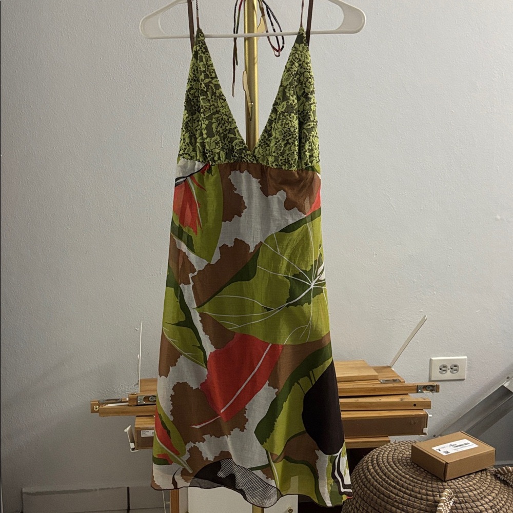 Vintage Halter Colorful Sleeveless Dress with Leaf Pattern